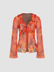 Mesh V-neck Ruffle Trim Knotted Long Sleeve Blouse
