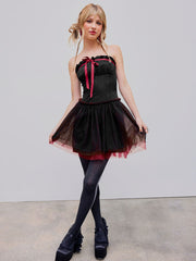 Contrasting Binding Bowknot Tulle Tube Mini Dress