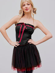 Contrasting Binding Bowknot Tulle Tube Mini Dress