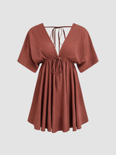 V-neck Ruffle Hem Backless Knotted Middle Sleeve Mini Dress