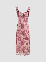 Mesh Square Neck Floral Bowknot Midi Dress
