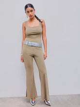 Square Neck Knotted Split Solid Flared Jumpsuit