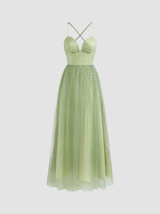 Mesh V-neck Polka Dot Criss Cross Maxi Dress