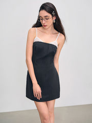 Woven Collarless Striped Contrasting Lace Mini Dress