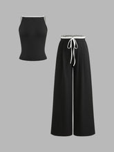 Square Neck Solid Contrasting Binding Tank Top & Mid Rise Wide Leg Trousers