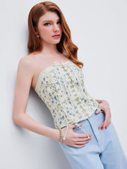 Woven Strapless Floral Lace Up Bowknot Crop Tube Top