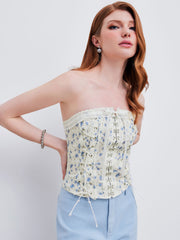 Woven Strapless Floral Lace Up Bowknot Crop Tube Top