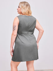 Woven Square Neck Solid Zipper Mini Dress Curve & Plus