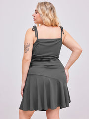 Square Neck Ruched Knotted Ruffle Hem Mini Dress Curve & Plus