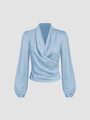 Satin V-neck Wrap Zip Long Sleeve Blouse