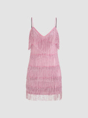 V-neck Solid Tassel Mini Dress