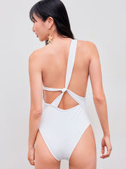 Shaping Asymmetrical Neck Solid Cut Out One Piece Swimsuit