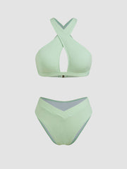 V-neck Solid Criss Cross Bracelet Cheeky Bikini Swimsuit