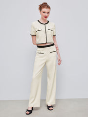 Woven Mid Rise Solid Contrasting Binding Pearl Button Straight Leg Trousers