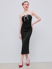 Jersey Strapless Contrasting Binding Knotted Ruched Midi Dress