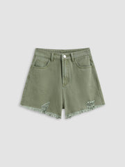 High Waist Ripped Washed Denim Shorts