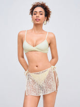 V-neck Solid Bracelet Tie Side Bikini Set With Lace Cover Up Skirt