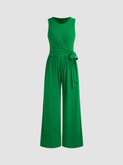 Jersey Round Neck Knotted Wide Leg Jumpsuit