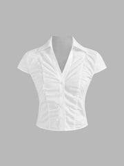 100% Cotton V-neck Solid Ruched Short Sleeve Shirt