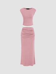 Solid Tank Top & Ruched Maxi Skirt