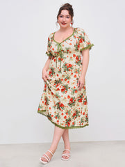 Square Neck Strawberry Graphic Contrasting Lace Trim Midi Dress Curve & Plus