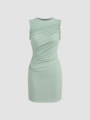 Round Neckline Solid Ruched Sleeveless Mini Dress