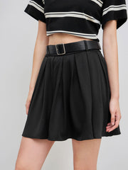 Solid Pleated Mini Skirt With Belt