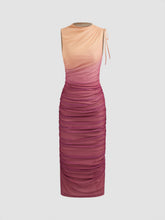 Mesh Round Neckline Gradient Ruched Drawstring Maxi Dress