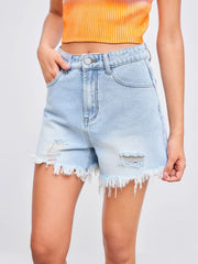 High Waist Ripped Washed Denim Shorts