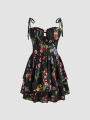 Woven Floral & Fruit Ruffle Hem Knotted Layered Mini Dress