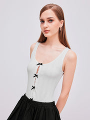Scoop Neckline Solid Bowknot Cut Out Bodysuit
