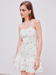100% Cotton Square Neck Cherry Embroidery Layered Mini Dress