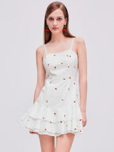 100% Cotton Square Neck Cherry Embroidery Layered Mini Dress