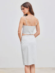 V-neck Polka Dot Crop Cami Top & Mid Rise Bowknot Midi Skirt