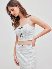 V-neck Polka Dot Crop Cami Top & Mid Rise Bowknot Midi Skirt