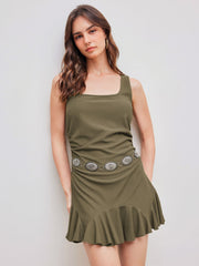Jersey Square Neck Solid Ruched Ruffle Zipper MIni Dress