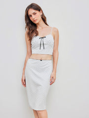 V-neck Polka Dot Crop Cami Top & Mid Rise Bowknot Midi Skirt