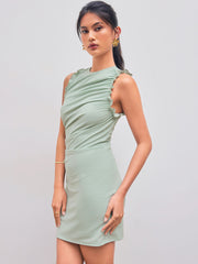 Round Neckline Solid Ruched Sleeveless Mini Dress