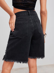 Denim Mid Rise Ripped Pocket Bermuda Shorts