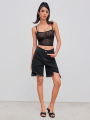 Denim Mid Rise Ripped Pocket Bermuda Shorts