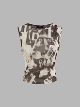 Mesh Round Neck Abstract Crop Tank Top