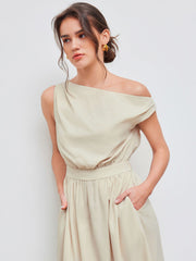 Cotton-blend Asymmetrical Neck Solid Ruffle Midi Dress