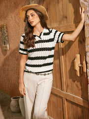 Polo Striped Hollow Out Knitted Short Sleeve Top