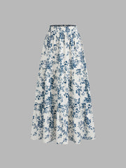 High Rise Floral Ruffle Midi Skirt