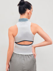 Two Tone Stand Collar Cut Out Solid Tank Top