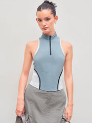 Two Tone Stand Collar Cut Out Solid Tank Top