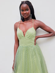 Mesh V-neck Polka Dot Criss Cross Maxi Dress