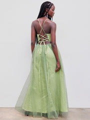 Mesh V-neck Polka Dot Criss Cross Maxi Dress