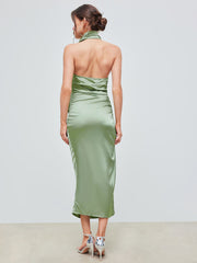 Satin Halter Solid Drawstring Ruched Split Midi Dress