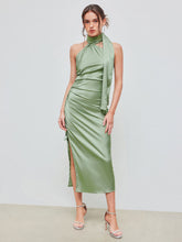 Satin Halter Solid Drawstring Ruched Split Midi Dress
